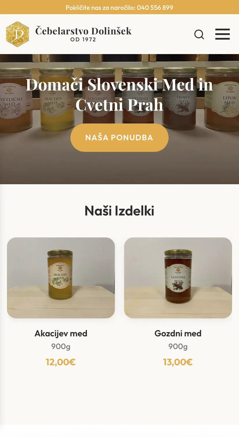 Čebelarstvo Dolinšek spletna stran - mobilni prikaz